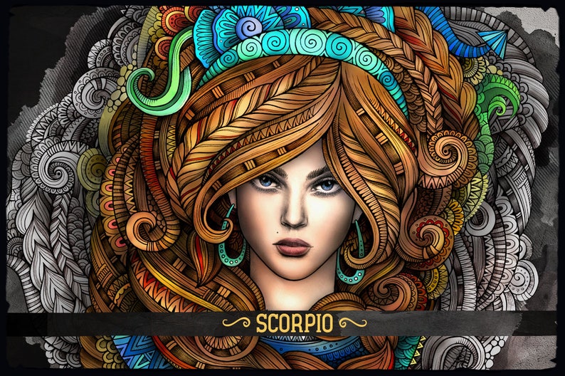 May include: A colorful, intricate illustration of a woman with long, flowing hair. The hair is styled in a complex pattern with swirls and lines. The woman's face is framed by the hair and she has blue eyes and a serious expression. The background is a dark gray with a black banner that reads "SCORPIO".