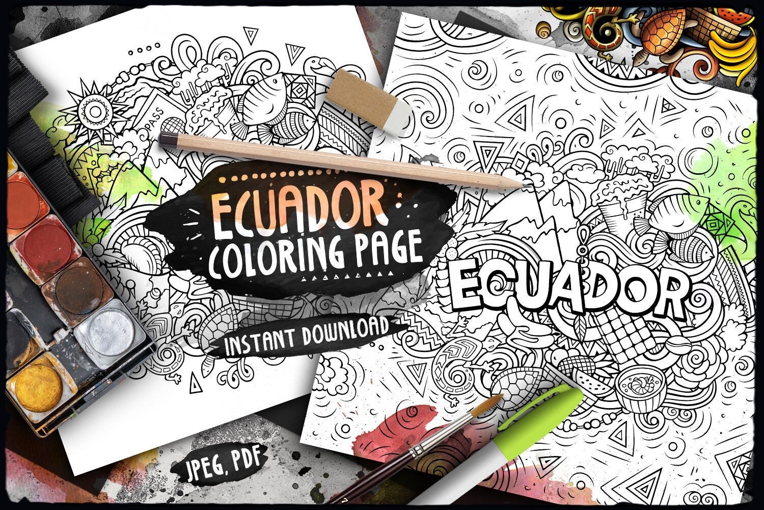 ECUADOR Digitale Malseite / Ausmalseite für Erwachsene / Südamerikanisch Land Doodle Illustration / Ausmalbild zum Ausdrucken PDF / PDF