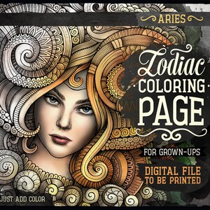 ARIES Zodiac Adult Coloring Page, Zodiac Sign Coloring Book, Fantasy Girl Face, Ethnic Doodle Woman, Printable Sheet, Digital Download, A4