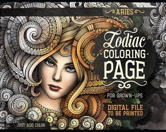 ARIES Zodiac Adult Coloring Page, Zodiac Sign Coloring Book, Fantasy Girl Face, Ethnic Doodle Woman, Printable Sheet, Digital Download, A4