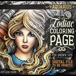 AQUARIUS Zodiac Adult Coloring Page, Zodiac Sign Coloring Book, Fantasy Girl Face, Ethnic Doodle Woman, Printable Sheet, Digital Download A4