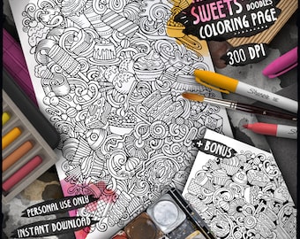 SWEETS Digital Coloring Page, Desserts Doodle Adult Coloring Book, Printable Colouring Sheet, Confectionery Cartoon Illustration, Download