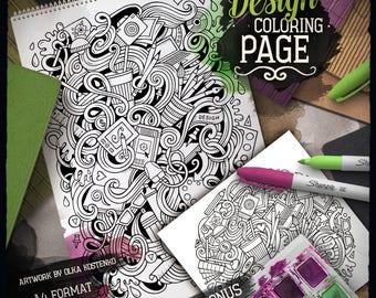 DESIGN Digital Coloring Page, Designer Doodle Adult Coloring Book, Printable Coloring Sheet, Artistic Cartoon Illustration, Digital Download