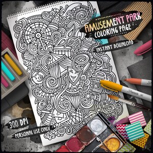 May include: A detailed black and white amusement park coloring page with a Ferris wheel, mask, and other carnival elements. The image includes text that reads "AMUSEMENT PARK COLORING PAGE" and "INSTANT DOWNLOAD". Art supplies such as markers and paint are also visible.