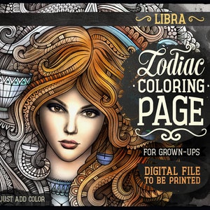 LIBRA Zodiac Adult Coloring Page, Zodiac Sign Coloring Book, Fantasy Girl Face, Ethnic Doodle Woman, Printable Sheet, Digital Download, A4