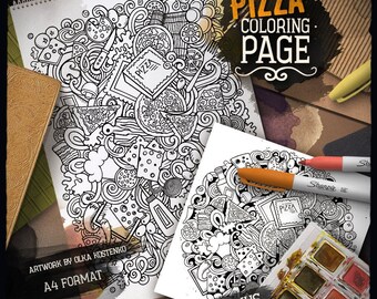 PIZZA Digital Coloring Page, Pizzeria Adult Coloring, Food Printable Coloring Sheet, Doodle Cartoon Illustration, Art Therapy, Download, PDF