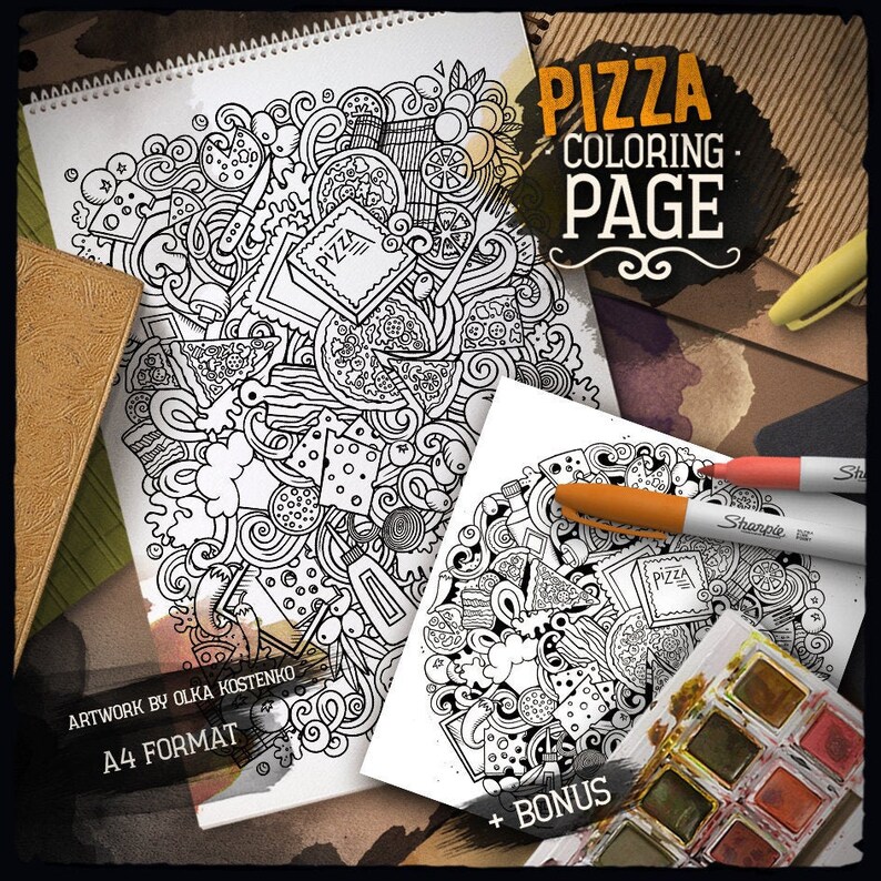 May include: A black and white coloring page featuring a pizza-themed doodle with various pizza toppings, ingredients, and related objects. The page is titled "Pizza Coloring Page" and includes the text "Artwork by Olka Kostenko" and "A4 Format".
