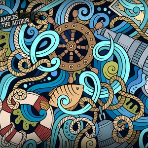 May include: A detailed nautical illustration with a dark blue backdrop. It showcases a ship's wheel, telescope, compass, life preserver, and a fish. The colour scheme includes blues, tans, and browns, with rope and wave patterns throughout.