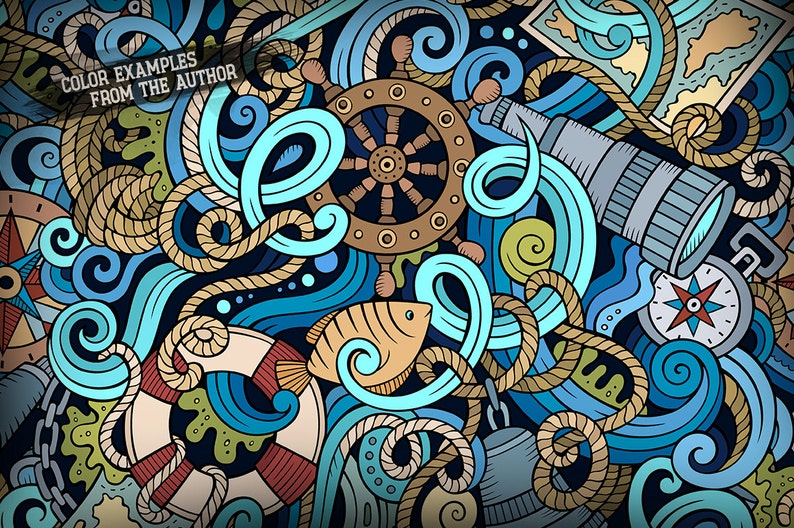 May include: A detailed nautical illustration with a dark blue backdrop. It showcases a ship's wheel, telescope, compass, life preserver, and a fish. The colour scheme includes blues, tans, and browns, with rope and wave patterns throughout.