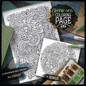 ELECTRIC VEHICLE Digital Coloring Page, Doodle Adult Coloring Book, Printable Coloring Sheet, ECOLOGY Cartoon Illustration, Digital Download