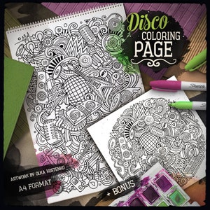 DISCO MUSIC Coloring Page/ Adult Coloring Book/ Digital Coloring sheet/ Musical Doodle Art/ Printable Cartoon Illustration/ Instant Download