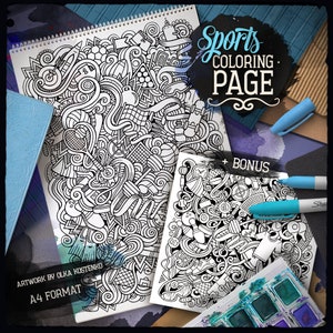 SPORTS Digital Coloring Page, Sport Doodle Adult Coloring Book, Printable Coloring Sheet, Sporting Cartoon Illustration, Digital Download