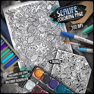 SEA LIFE Digital Coloring Page, Underwater Doodle Adult Coloring Book, Printable Coloring Sheet, Fish Cartoon Illustration, Digital Download