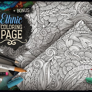 May include: Black and white intricate coloring page with a floral and geometric design. The page is titled "Ethnic Coloring Page" and includes the text "JPEG, PDF" and "Bonus".