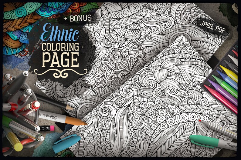 May include: Black and white intricate coloring page with a floral and geometric design. The page is titled "Ethnic Coloring Page" and includes the text "JPEG, PDF" and "Bonus".