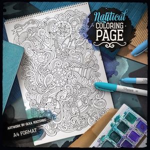 NAUTICAL Digital Coloring Page, Marine Doodle Adult Coloring Book, Printable Coloring Sheet, Nautical Cartoon Illustration, Digital Download