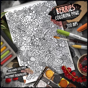 Kolorowanka cyfrowa BERRY FRUITS/ Kolorowanka dla dorosłych Berries Doodle/ Arkusz do kolorowania do druku/ Ilustracja z owocową kreskówką/ Pobierz PDF