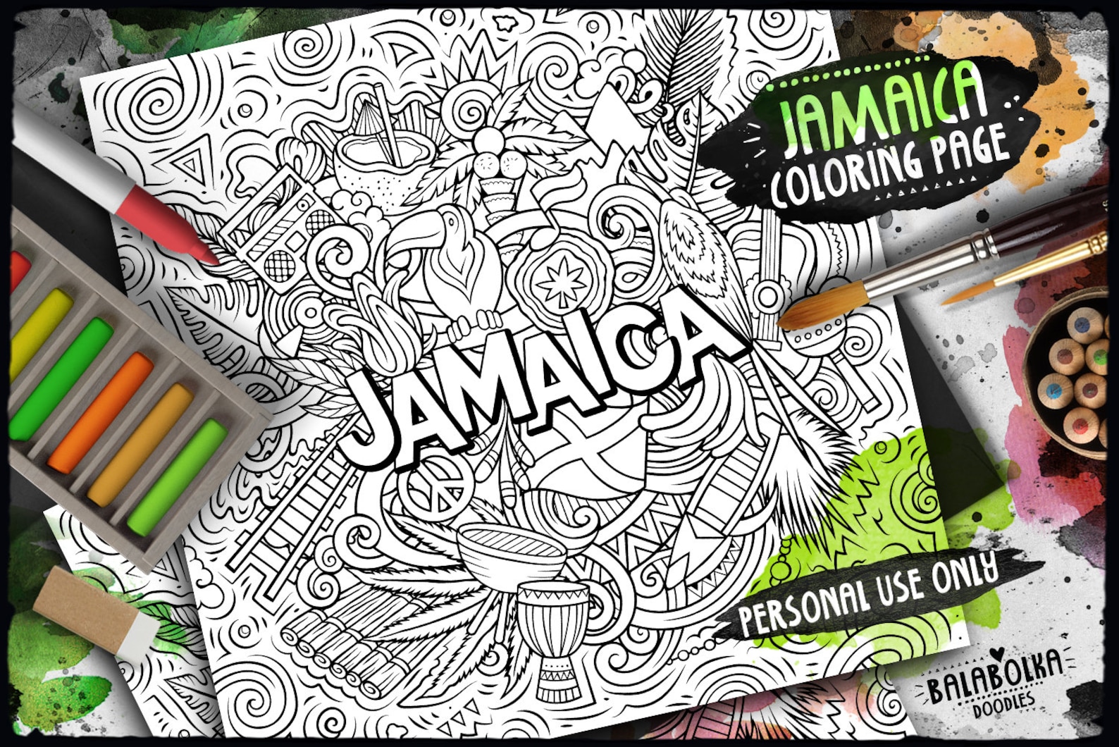JAMAICA Digital Coloring Page/ Travel Adult Coloring/ Caribbean Sea