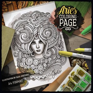 May include: A black and white colouring page featuring a detailed illustration of a woman with intricate hair styled as a ram's horns. The title "Aries Coloring Page" is written in a decorative font at the top of the page. The illustration is on a white sheet of paper with a watercolour wash in the background.