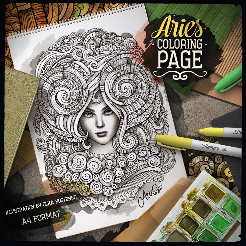 May include: A black and white colouring page featuring a detailed illustration of a woman with intricate hair styled as a ram's horns. The title "Aries Coloring Page" is written in a decorative font at the top of the page. The illustration is on a white sheet of paper with a watercolour wash in the background.