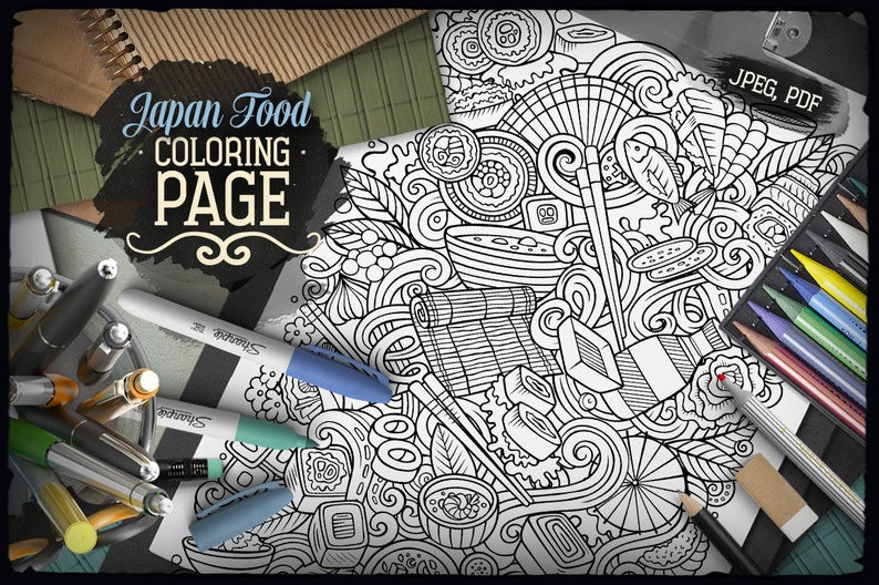 Op de afbeelding: Een zwart-witte lijntekening om in te kleuren met verschillende Japanse voedingsmiddelen, waaronder sushi, noedels en eetstokjes. De titel "Japan Food Coloring Page" staat bovenaan de pagina in een decoratief lettertype.