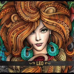 LEO Zodiac Adult Coloring Page, Zodiac Sign Coloring Book, Fantasy Girl Face, Ethnic Doodle Woman, Printable Sheet, Digital Download, A4 image 7