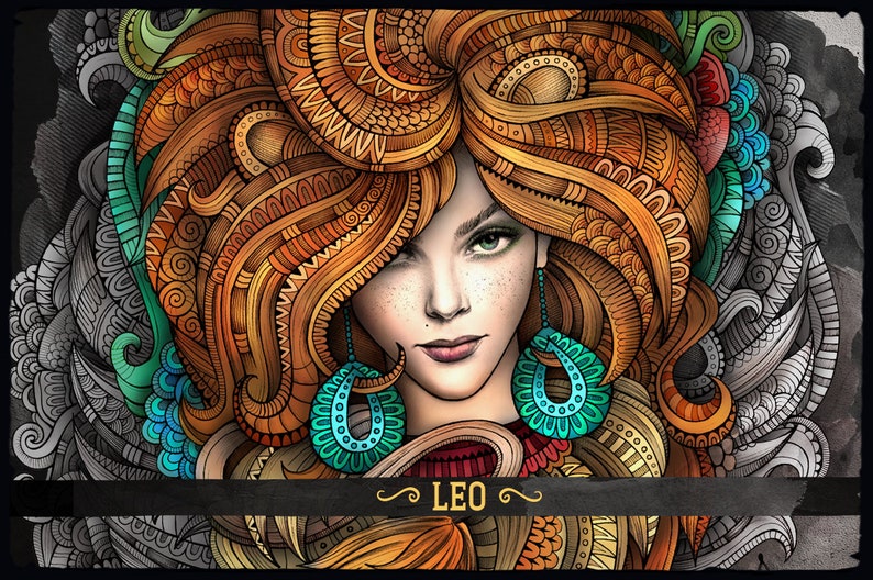 LEO Zodiac Adult Coloring Page, Zodiac Sign Coloring Book, Fantasy Girl Face, Ethnic Doodle Woman, Printable Sheet, Digital Download, A4 image 7