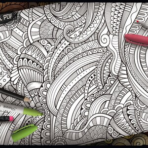 May include: A black and white intricate pattern with a variety of shapes and lines. The pattern is on a white background and is surrounded by a black border. The image also includes two black and white markers and a pink marker with the word "Sharpie" on it.