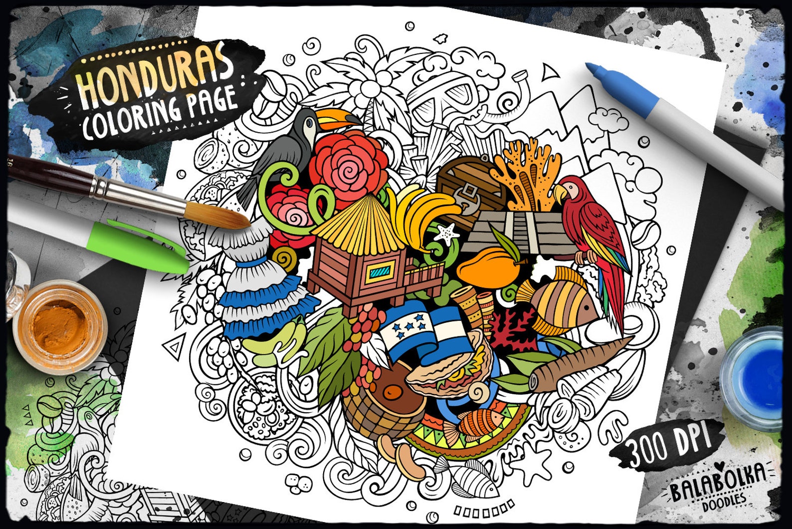 HONDURAS Digital Coloring Page/ Honduran Culture Travel Adult Coloring ...