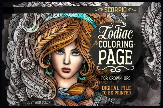 SCORPIO Zodiac Adult Coloring Page, Zodiac Sign Coloring Book, Fantasy Girl Face, Ethnic Doodle Woman, Printable Sheet, Digital Download, A4