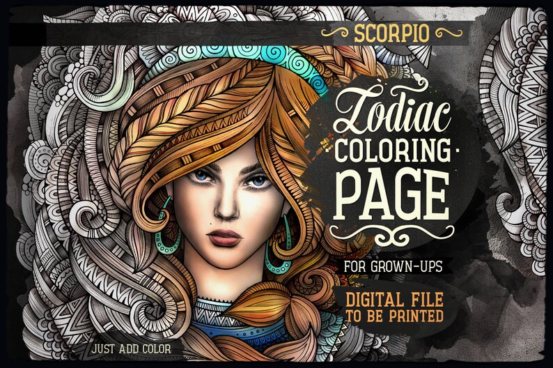 SCORPIO Zodiac Adult Coloring Page, Zodiac Sign Coloring Book, Fantasy Girl Face, Ethnic Doodle Woman, Printable Sheet, Digital Download, A4 image 1
