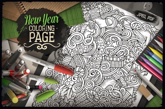 INSTANT DOWNLOAD Coloring Page Happy New Year Art Print Zentangle