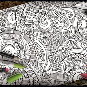 May include: An intricate black and white pattern featuring swirls, lines, and geometric shapes. The pattern is ideal for colouring or using as a background for a design.