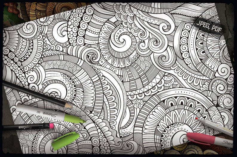 May include: An intricate black and white pattern featuring swirls, lines, and geometric shapes. The pattern is ideal for colouring or using as a background for a design.