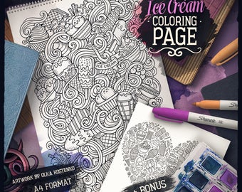 ICE CREAM Digital Coloring Page, SWEETS Doodle Adult Coloring Book, Printable Coloring Sheet, Ice Cream Cartoon Illustration, Download