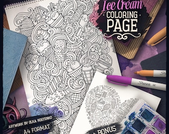 ICE CREAM Digital Coloring Page, SWEETS Doodle Adult Coloring Book, Printable Coloring Sheet, Ice Cream Cartoon Illustration, Download