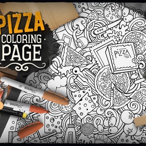 May include: A black and white coloring page featuring a pizza with various toppings, including pepperoni, mushrooms, olives, and cheese. The page is surrounded by a variety of pizza-related items, such as a pizza box, a pizza cutter, and a pizza oven. The text "PIZZA COLORING PAGE" is written at the top of the page.