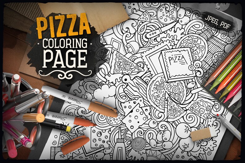 May include: A black and white coloring page featuring a pizza with various toppings, including pepperoni, mushrooms, olives, and cheese. The page is surrounded by a variety of pizza-related items, such as a pizza box, a pizza cutter, and a pizza oven. The text "PIZZA COLORING PAGE" is written at the top of the page.