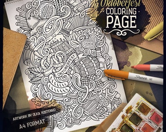 OKTOBERFEST Digital Coloring Page, Adult Coloring, Octoberfest Printable Coloring, Beer Fest Doodles Art, Oktoberfest Digital Download, PDF