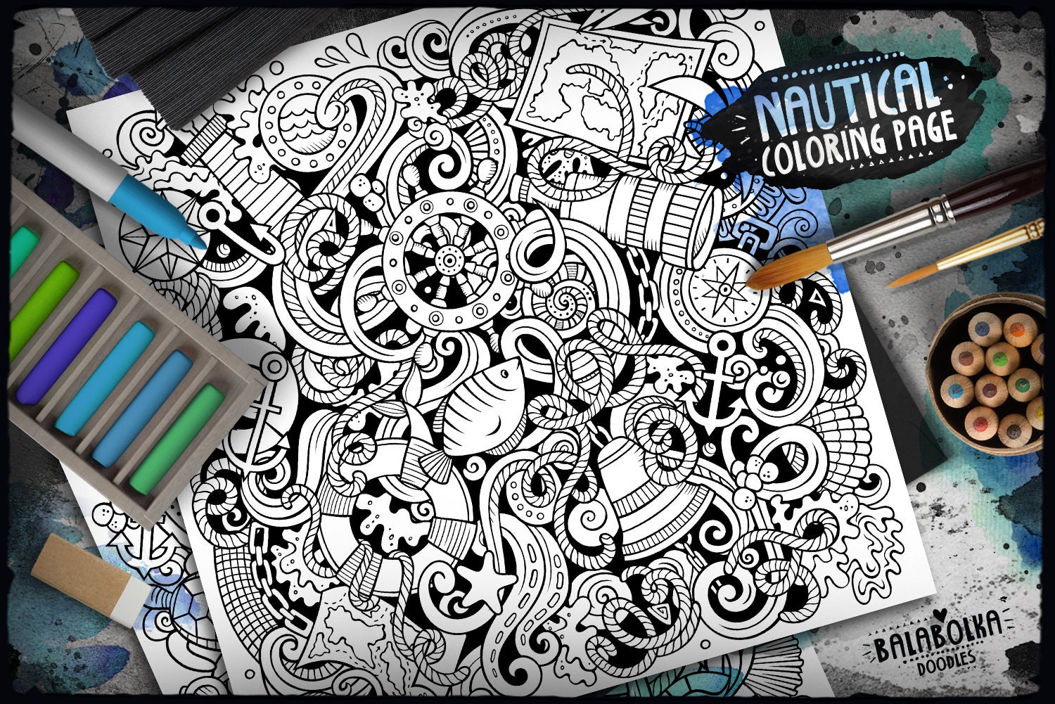NAUTICAL Digital Coloring Page, Marine Doodle Adult Coloring Book ...