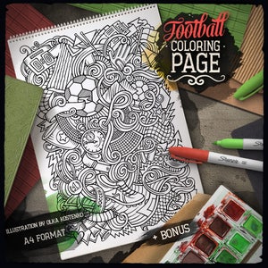 SOCCER Digital Coloring Page, Football Doodle Adult Coloring Book, Printable Coloring Sheet, Sports Cartoon Illustration, Digital Download