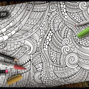 May include: A black and white intricate pattern with a variety of shapes and designs. The pattern is on a white background and is surrounded by a variety of colored markers and pencils.