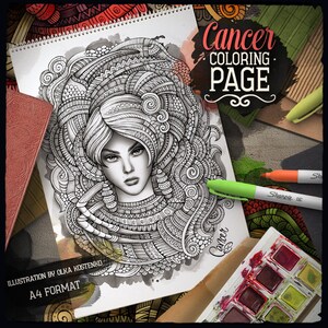 May include: A black and white coloring page featuring a detailed illustration of a woman with intricate hair and a crab design. The title "Cancer Coloring Page" is written in bold letters at the top of the page.