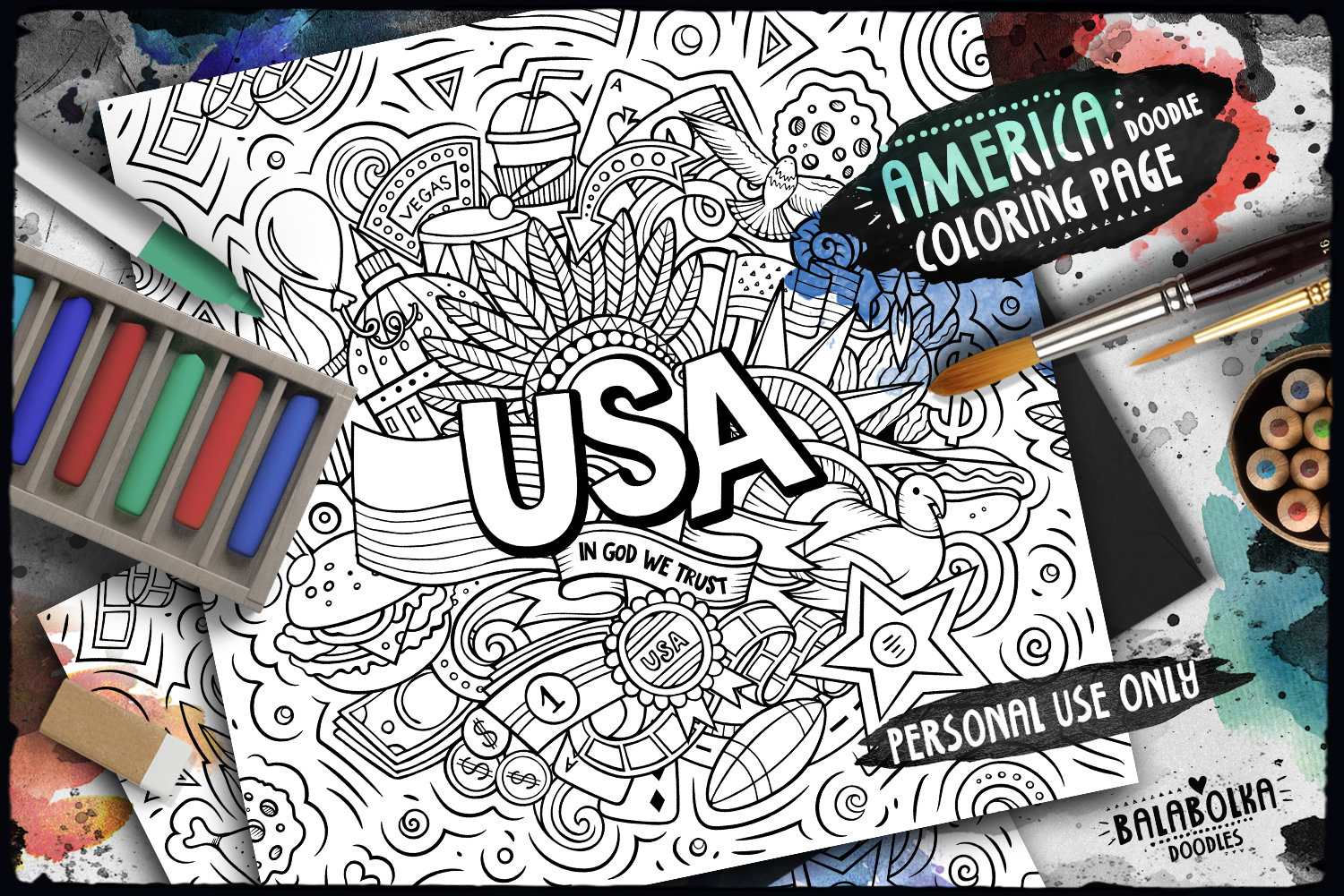 USA Digital Coloring Page/ United States of America Doodle Illustration ...