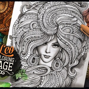 LEO Zodiac Adult Coloring Page, Zodiac Sign Coloring Book, Fantasy Girl Face, Ethnic Doodle Woman, Printable Sheet, Digital Download, A4 image 6