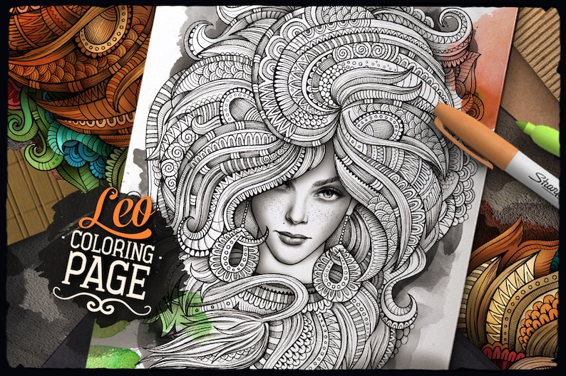 LEO Zodiac Adult Coloring Page, Zodiac Sign Coloring Book, Fantasy Girl Face, Ethnic Doodle Woman, Printable Sheet, Digital Download, A4 image 6