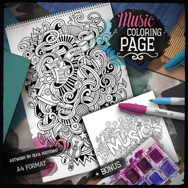 MUSIC Digital Coloring Page, Musical Doodle Adult Coloring Book, Printable Coloring Sheet, Music Cartoon Illustration, Digital Download, PDF