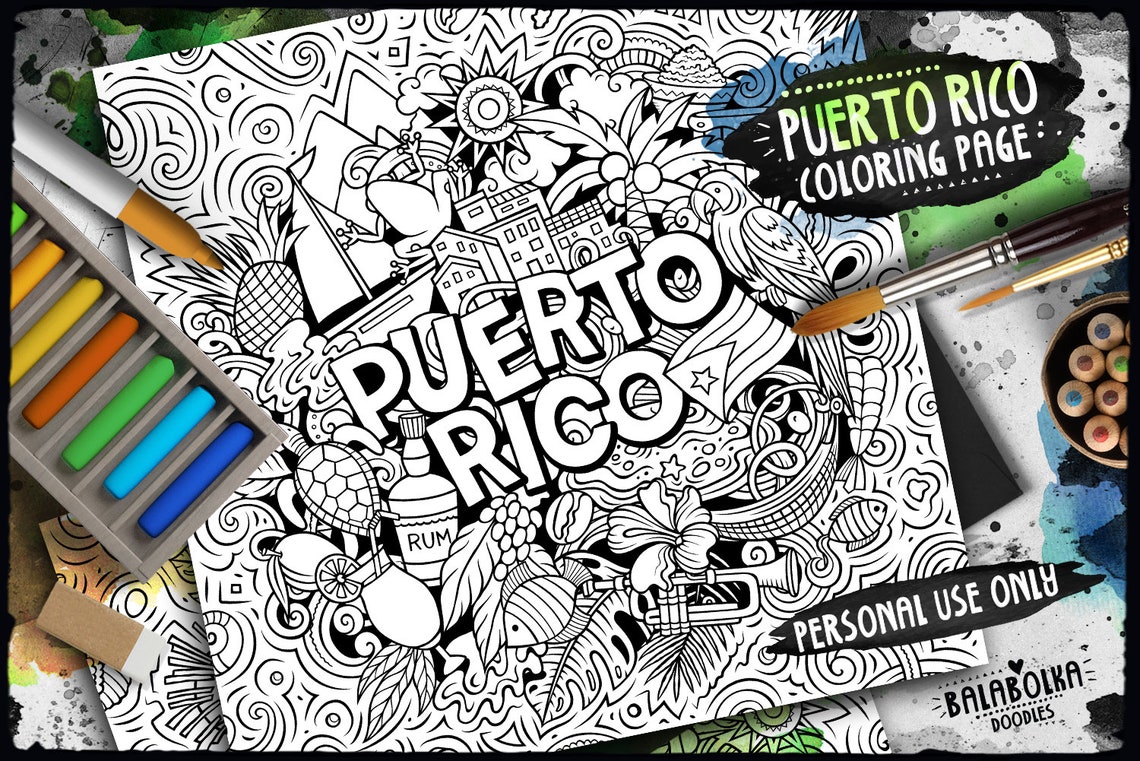 PUERTO RICO Digital Coloring Page, Puerto-rican Cartoon Doodle Adult