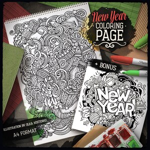 HAPPY NEW YEAR Digital Coloring Page, 2023 Adult Coloring, Printable, Xmas doodle, Christmas Doodles Art, Holidays Doodle, Digital Download