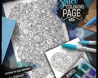 SPACE Digital Coloring Page, Cosmos Doodle Adult Coloring Book, Printable Coloring Sheet, Cosmic Cartoon Illustration, Digital Download, PDF